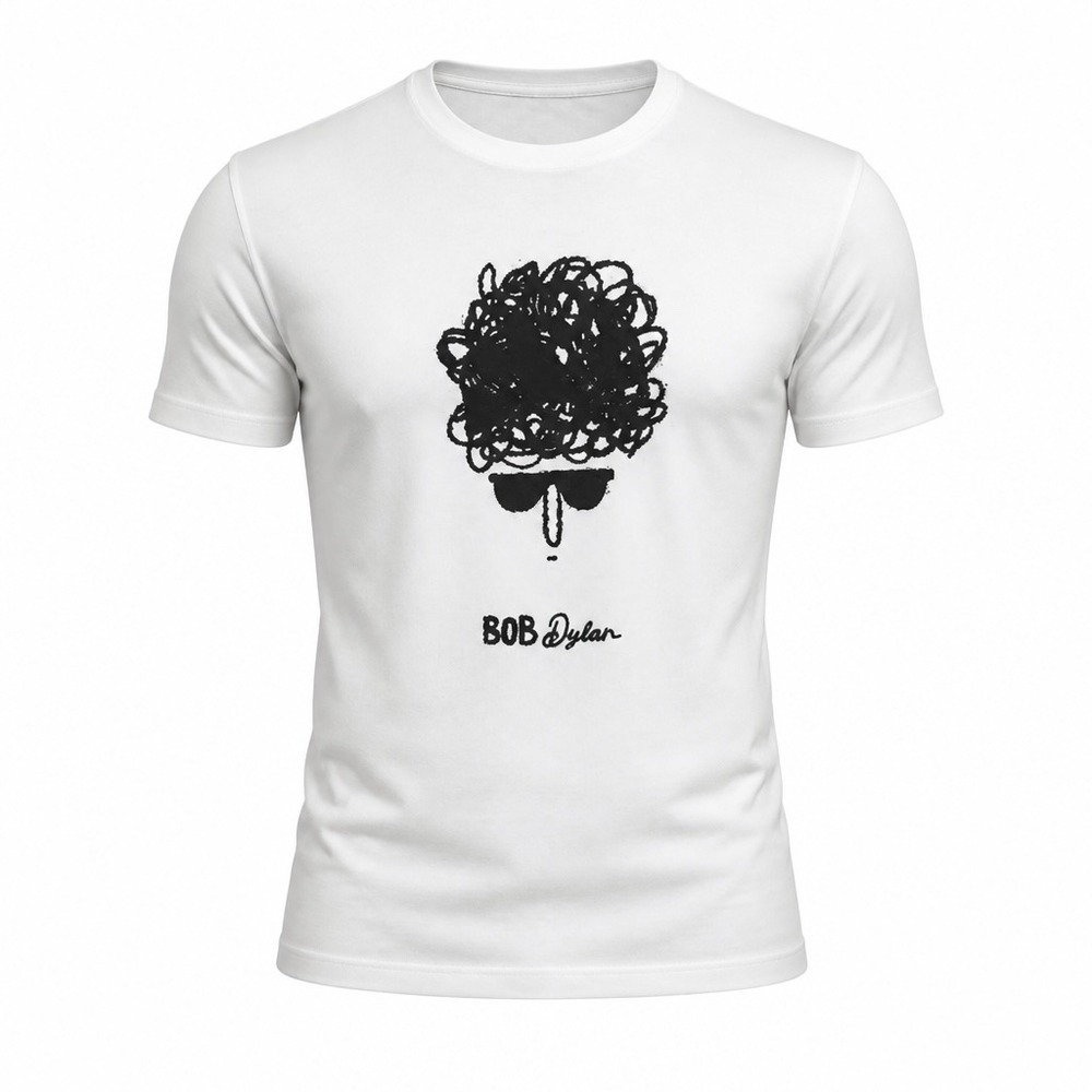 Bob Dylan Graphic Sketch Portrait White Cotton Band T-Shirt Small
